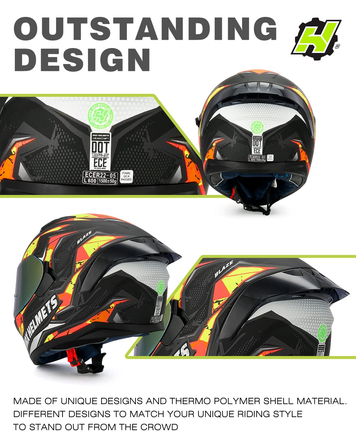 HAX Obsidian Full Face Dual Visor Adult Motorcycle Helmet for Motorbike Street Bike with Pinlock Ready DOT Approved Matte Black Gold L