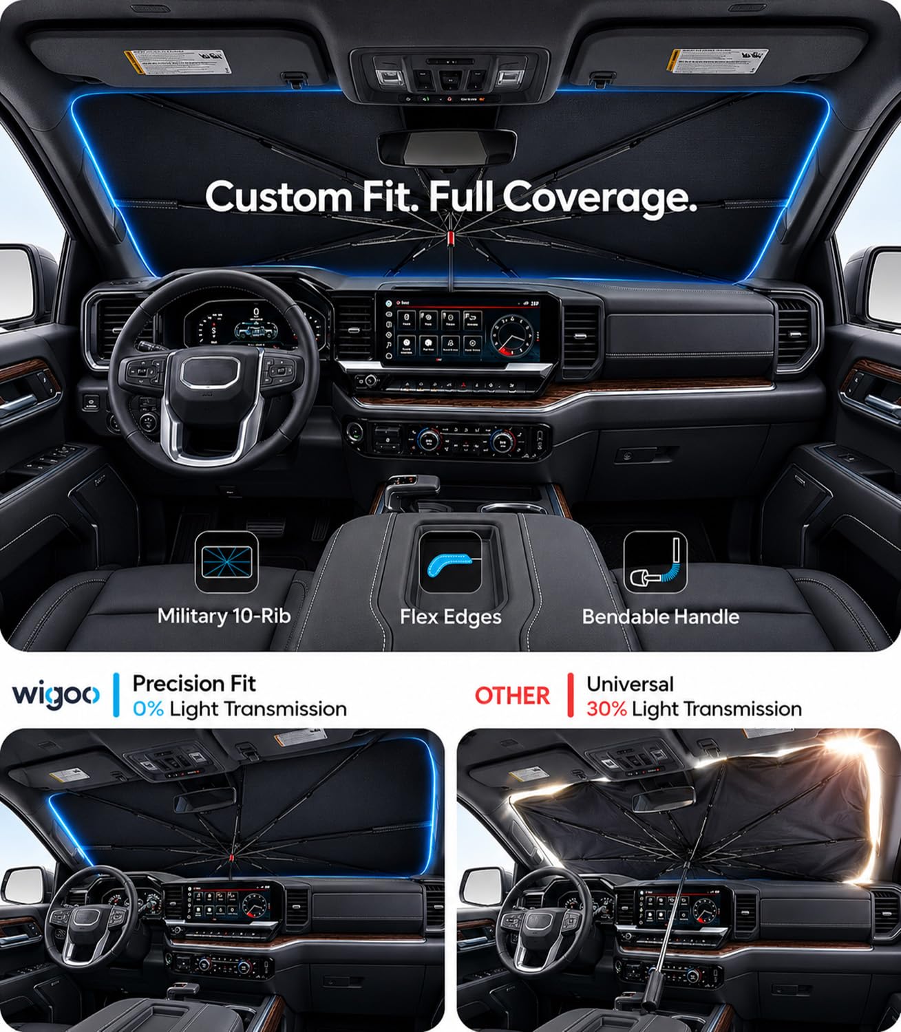 Wigoo Windshield Sun Shade Umbrella for Tesla Model Y [100% Sun Blockage, Ice Cooling Fabric] Foldable Heat Insulation Front Window Sunshade Umbrella for Tesla Model Y 2020–2026 (Juniper)