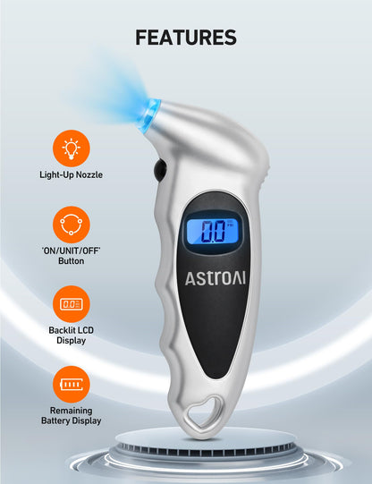 AstroAI Digital Tire Pressure Gauge with Replaceable AAA Batteries, 150 PSI 4 Settings Industrial Tire Gauge for Car Truck Bicycle Backlit LCD Non-Slip Grip Car Accessories(Black)