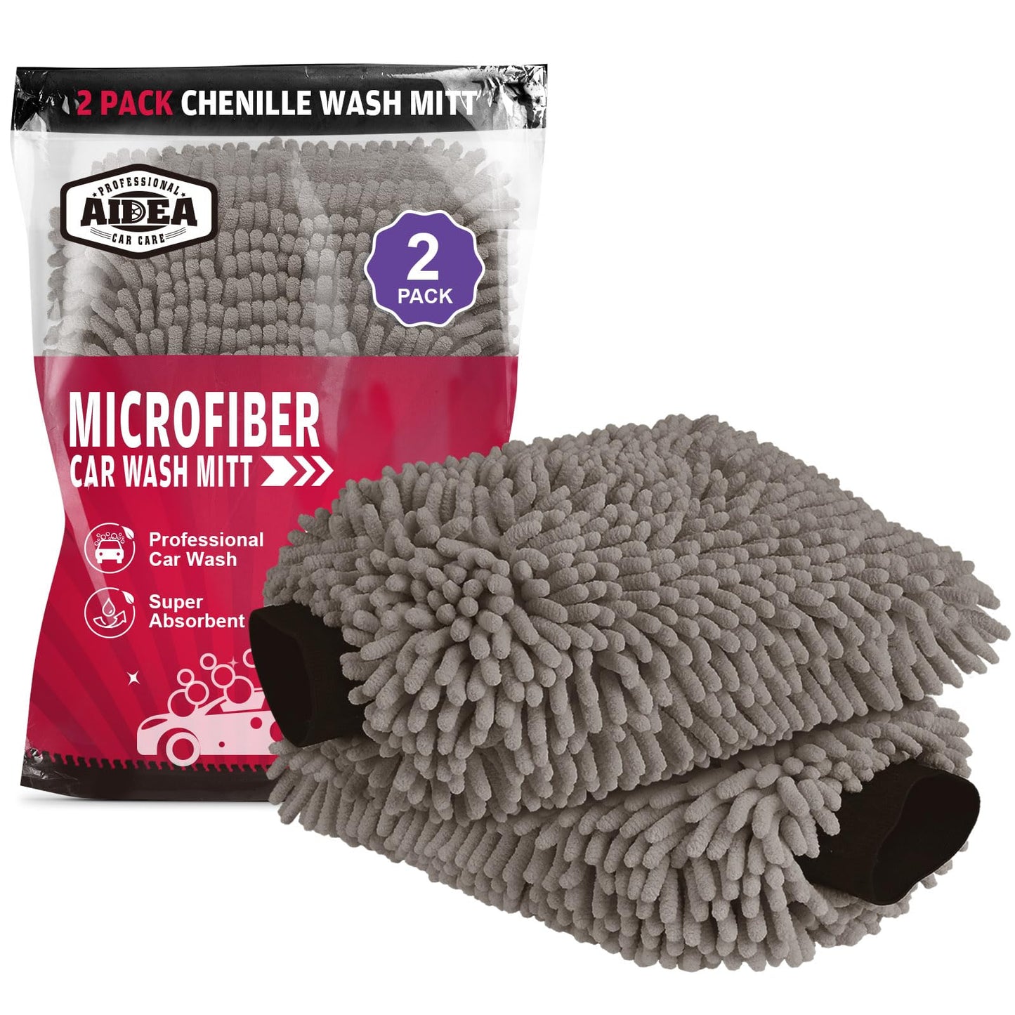 AIDEA Car Wash Mitt Microfiber, 2PK Scratch Free Lint-Free, Premium Chenille Microfiber Mitt Car Wash Brush, Green, Regular Size 7.12''X10.14''