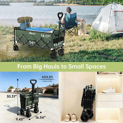 Extra Long Collapsible Wagon Cart, 480LBS Heavy Duty Utility Wagons with All-Terrain Wheels, Foldable Grocery Carts for Gardening, Shopping, Beach, Camping, Black