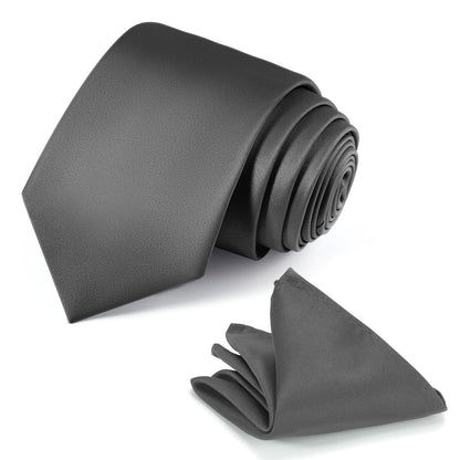 JUNMEISI Black Tie Set in Gift Box Mens Solid Color 3.15" (8CM) Black Necktie and Pocket Square Set