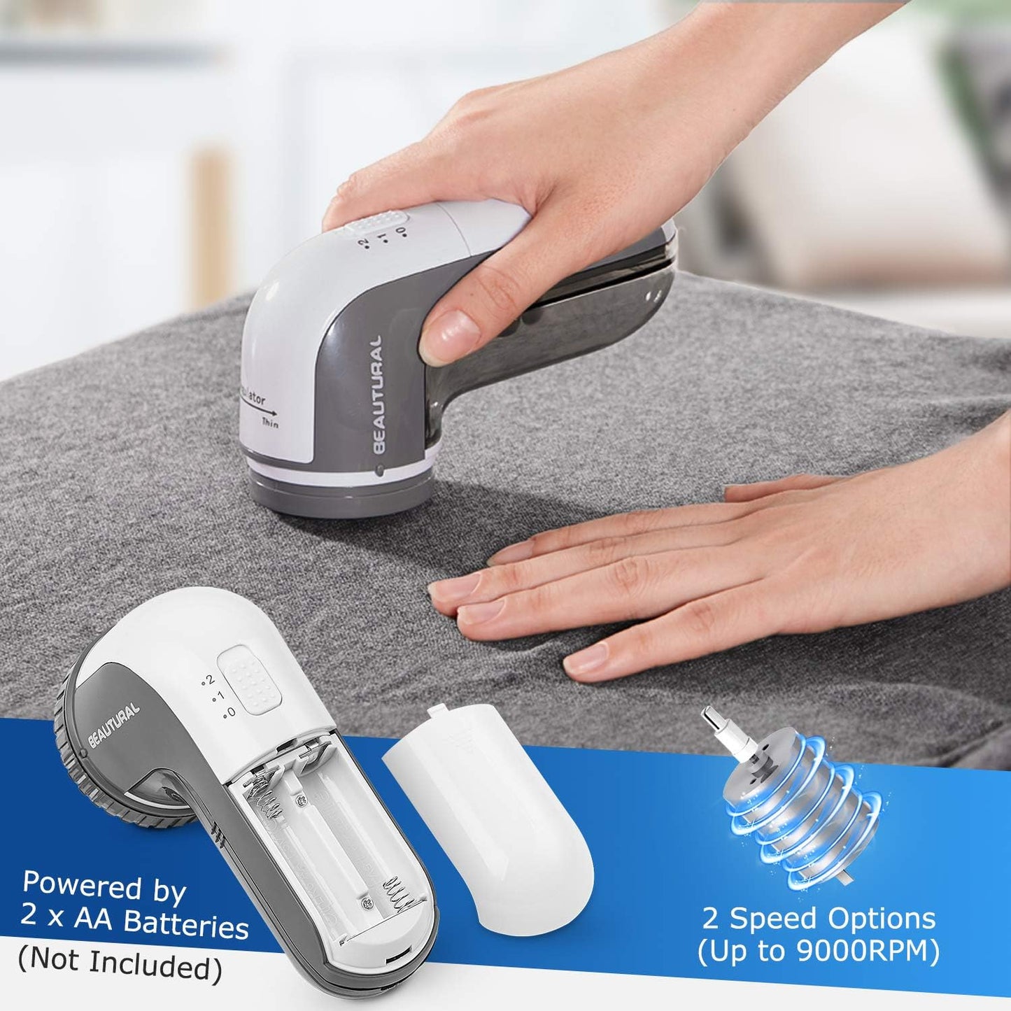 BEAUTURAL Quitapelusas eléctrico de tela y jersey con 2 velocidades, 2 cuchillas de acero inoxidable reemplazables, funciona con pilas
