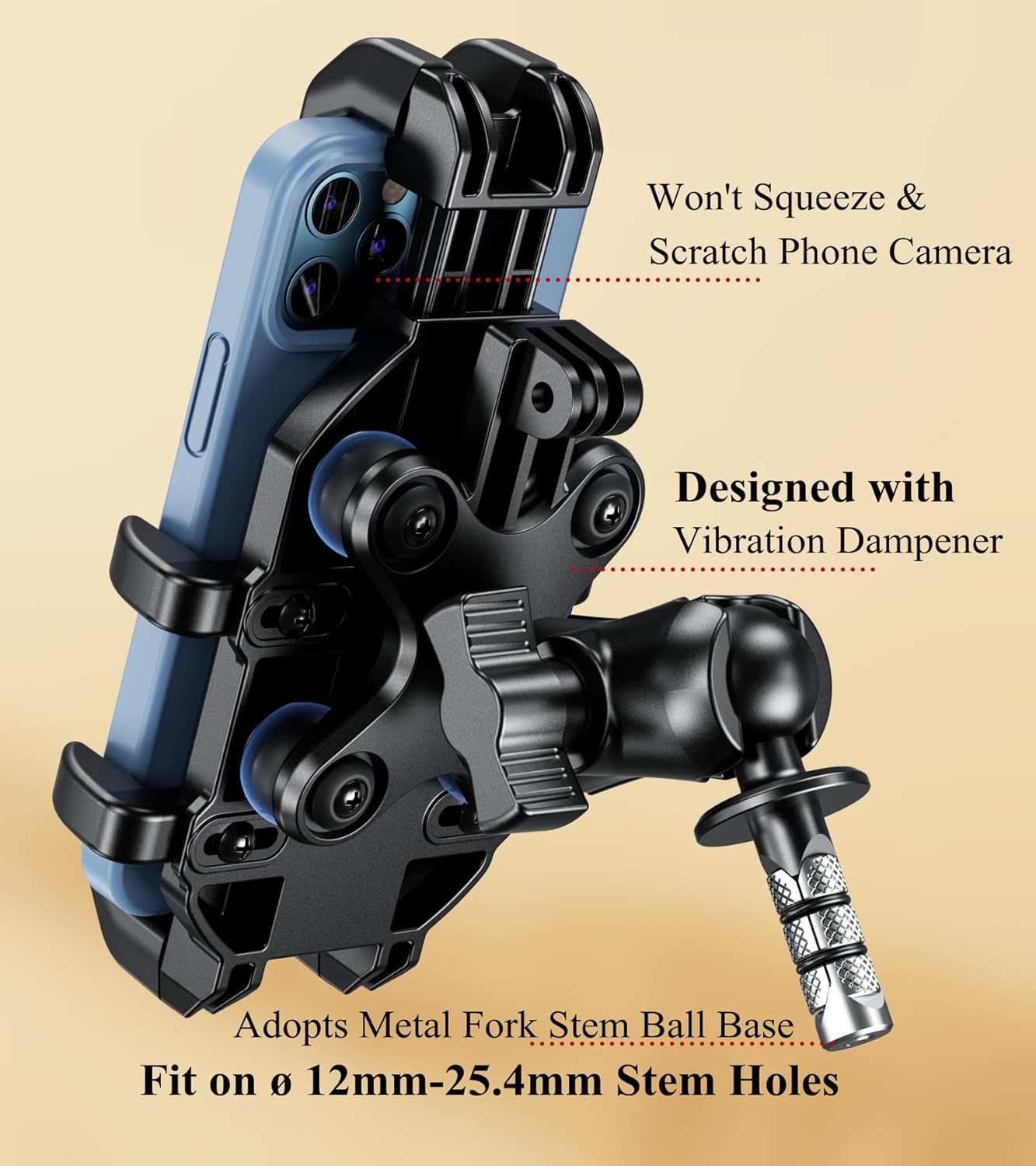 BRCOVAN Motorcycle Fork Stem Phone Mount with Vibration Dampener | Heavy Duty Cellphone Holder Fit Stem Tubes 12mm-25.4mm in Diameter, Adjustable for 5.4 - 6.9'' Smartphone