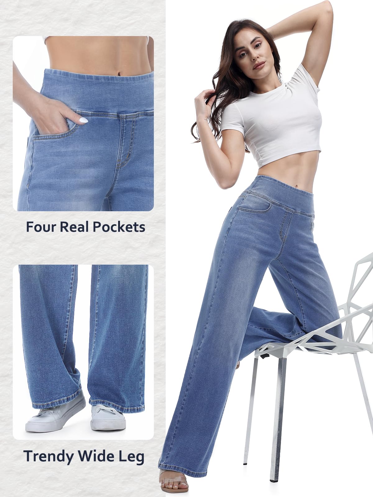 Chasehot Damen Jeans, Weites Bein, zum Reinschlüpfen, High Waist, Stretchy, Baggy, Trendy, Bauchkontrolle, Gerades Bein, Denim, Dunkelindigo Waschung-L