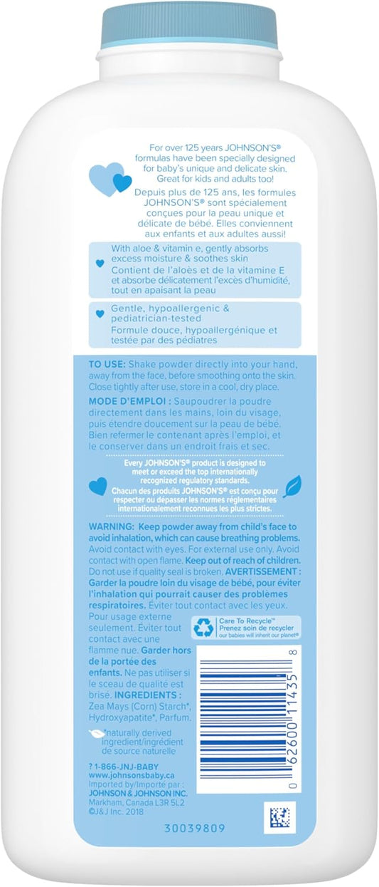 Johnson's Baby Powder, Naturally Derived Cornstarch with Aloe & Vitamin E for Delicate Skin, Hypoallergenic and Free of Parabens, Phthalates, and Dyes for Gentle Baby Skin Care 623g