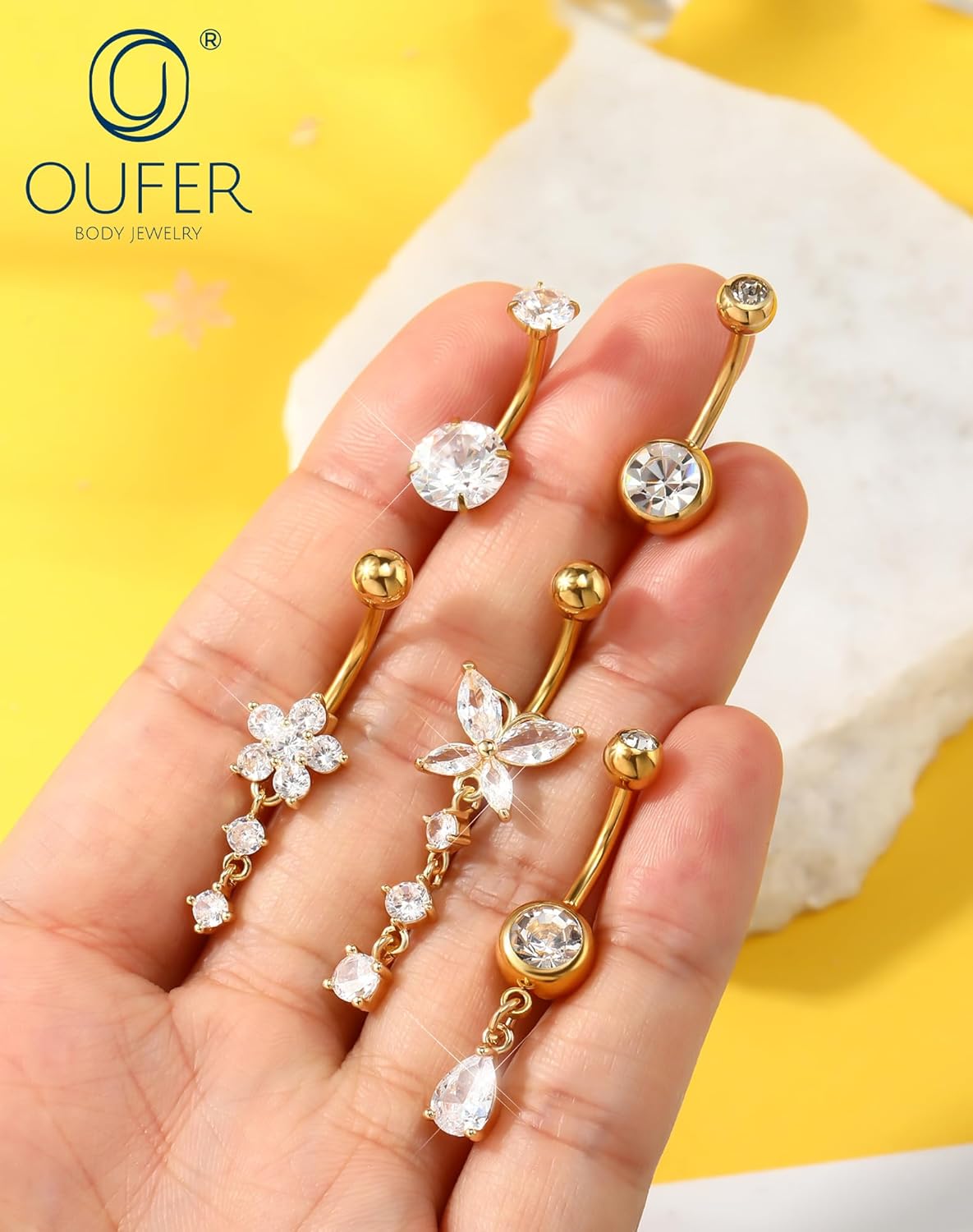 OUFER 5x Bauchnabelpiercings baumelnd – 14G Chirurgischer Stahl Bauchnabelpiercing, Hypoallergener Bauchnabelring mit Zirkonia Schmetterling Blume Tropfen Langhantel für Strand, Festival, Fitnessstudio