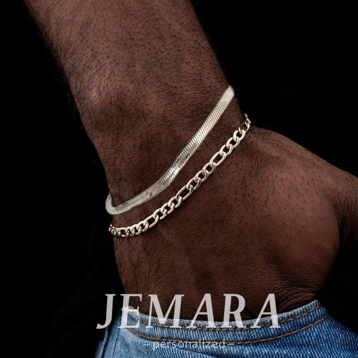 3 Stück Herren Silber Armbänder, robustes Curb Edelstahl Breite Schlangenkette Figaro Cuban Armband Set 7/7.8+1.2 Zoll verstellbares Stapel-Silberkettenarmband für Männer