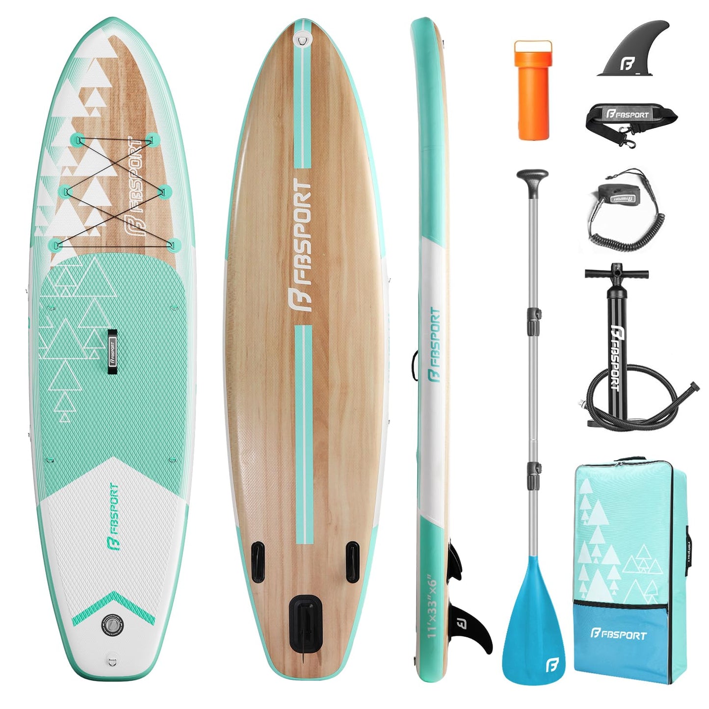 FBSPORT 11' Premium Stand Up Paddle Board, Yoga Board with SUP Accessories & Carry Bag | Wide Stance, Surf Control, Non-Slip Deck, Leash, Paddle and Pump for Youth & Adult