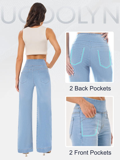 UCOOLYN Pull On Wide Leg Jeans für Damen, High Waisted Bauchkontrolle Stretchy Baggy Trendy Straight Denim Hose mit Taschen für die Arbeit Dunkelblau