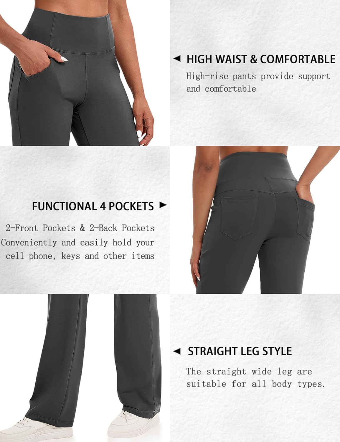 VOOVEEYA Yogahosen für Damen mit Taschen, gerade geschnittene Hose mit weitem Bein, hochtaillierte Business-Hose, petite/regulär//lang