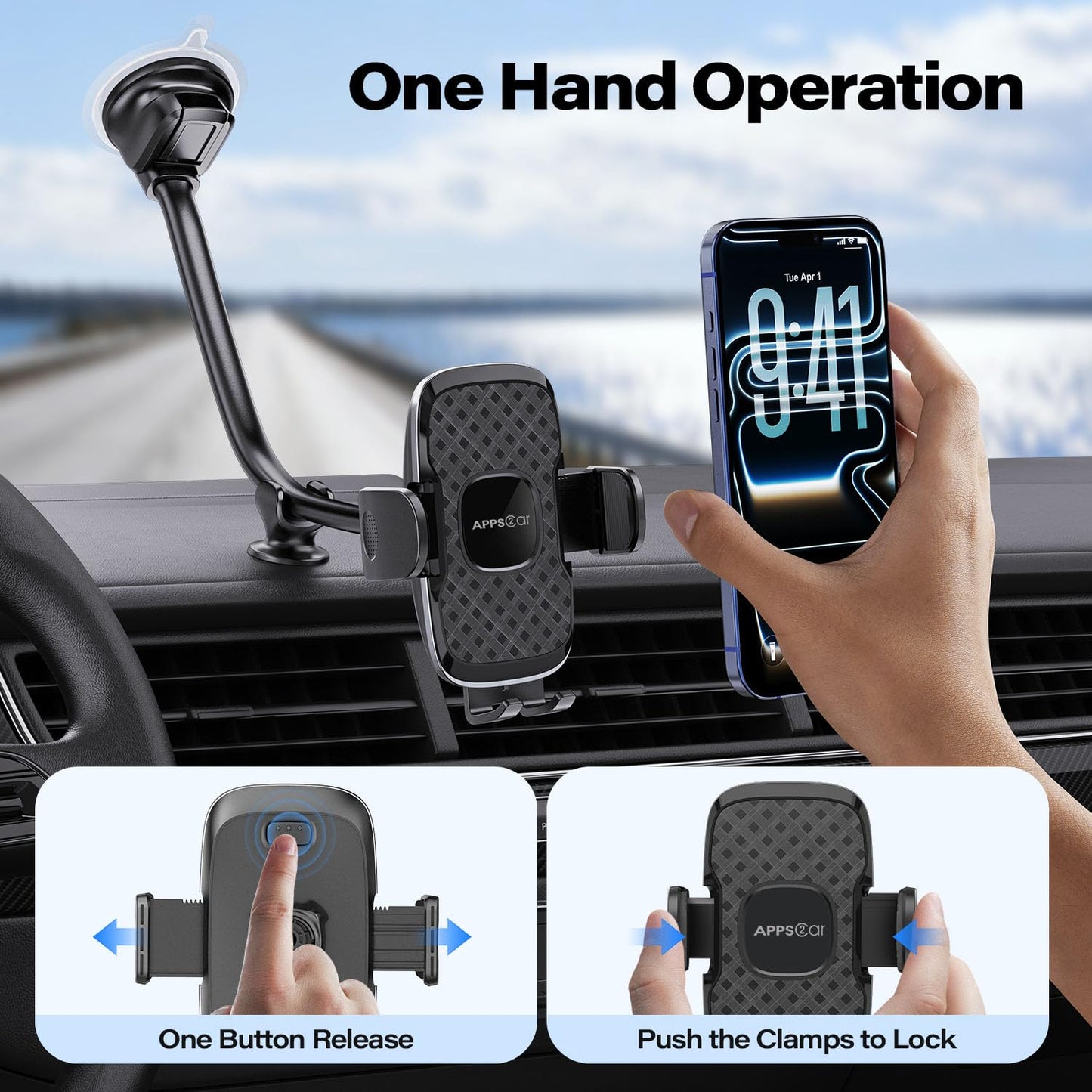 APPS2Car 14'' Gooseneck Car Phone Holder,Heavy Duty Phone Holder for Truck, [Flexibile Long Arm] [Anti Shake stabilizer] Windshield Car Phone Mount Suction Cup,Fit for iPhone, Samsung (Mirror Black)