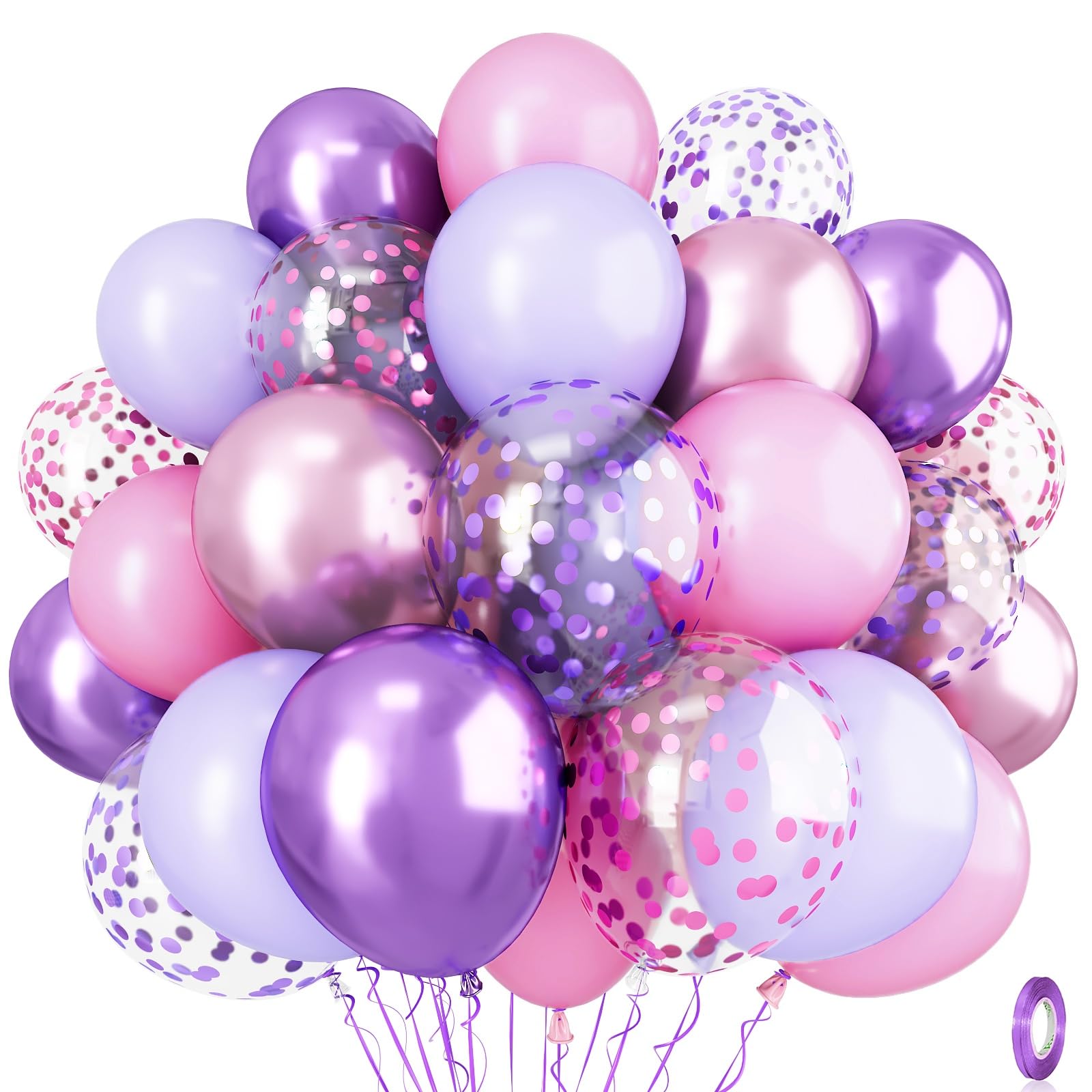 Pastel Pink and Purple Balloons, 12 Inch Metallic Purple Lilac Pink Confetti Balloons Set for Girls Women Kpop Butterfly Birthday Baby Bridal Shower Wedding Princess Disco Music Party Decorations