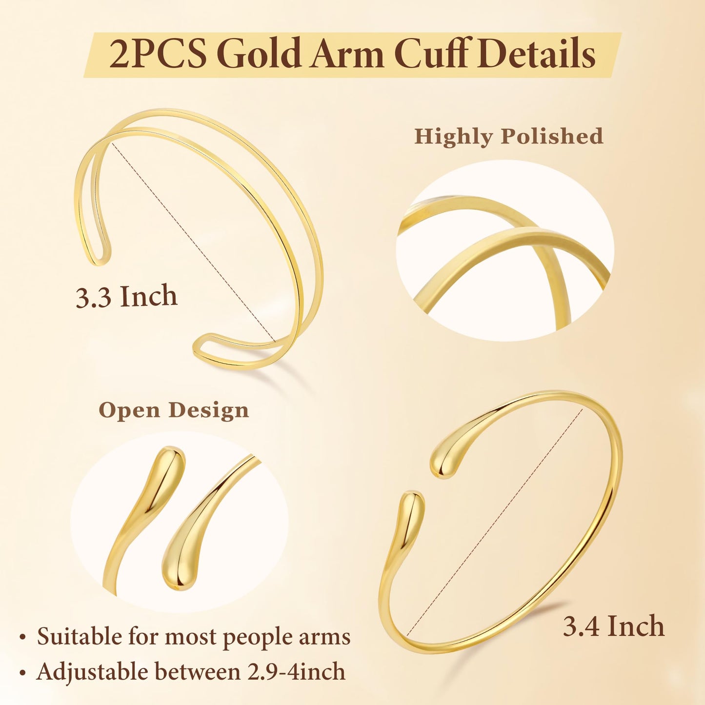 PEALICIOUS 2 STÜCK Gold Armmanschette für Damen, Arm Cuff Gold Minimalistisches Oberarmarmband für Mädchen, Stapelbare Armbandmanschetten, Verstellbare Armreifen Offen als Boho Valentinstag Schmuck Strand Sommer Geschenke
