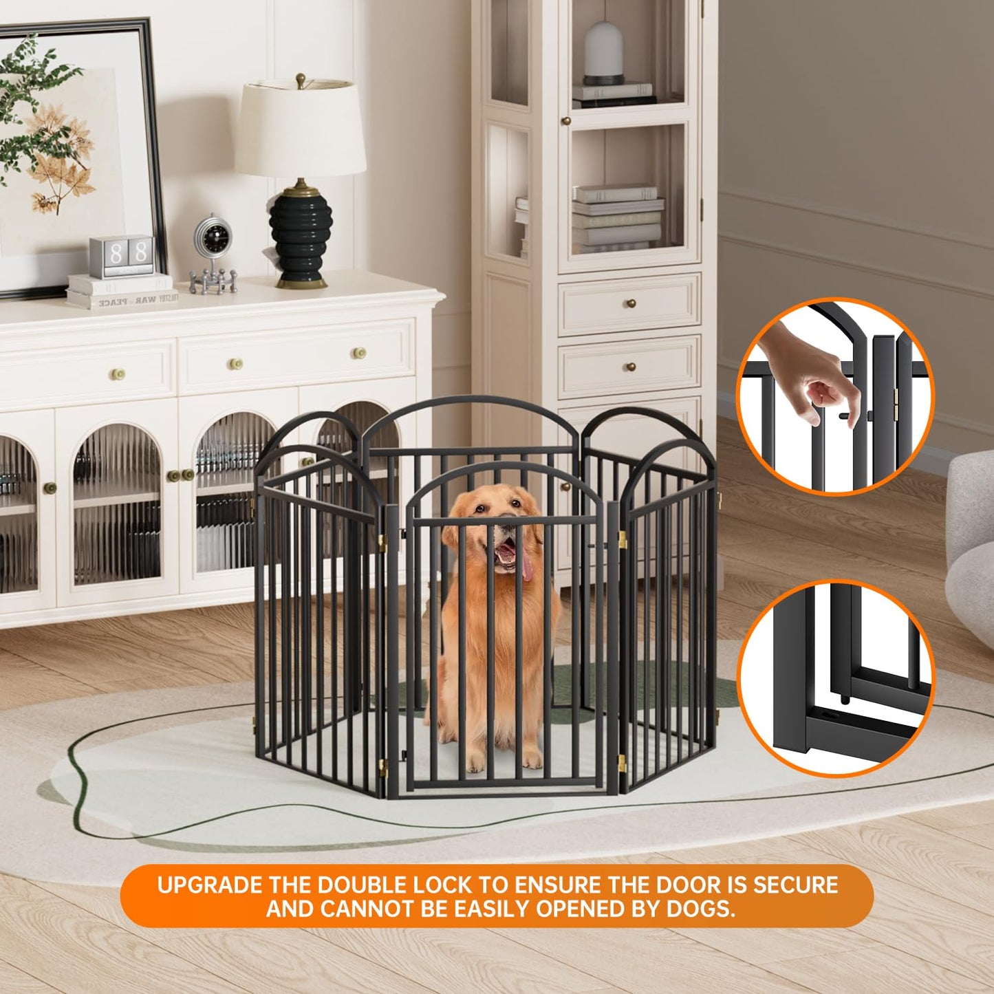 SNUOWU 4 Panels Full Matel Freestanding Dog Gates with Door, 96"Extra Wide 36"Tall Free Standing Dog Pet Gate for Indoor & Outdoor. Foldable Pet Fences for Doorways, House, Stairs, Porch, Deck, Yard