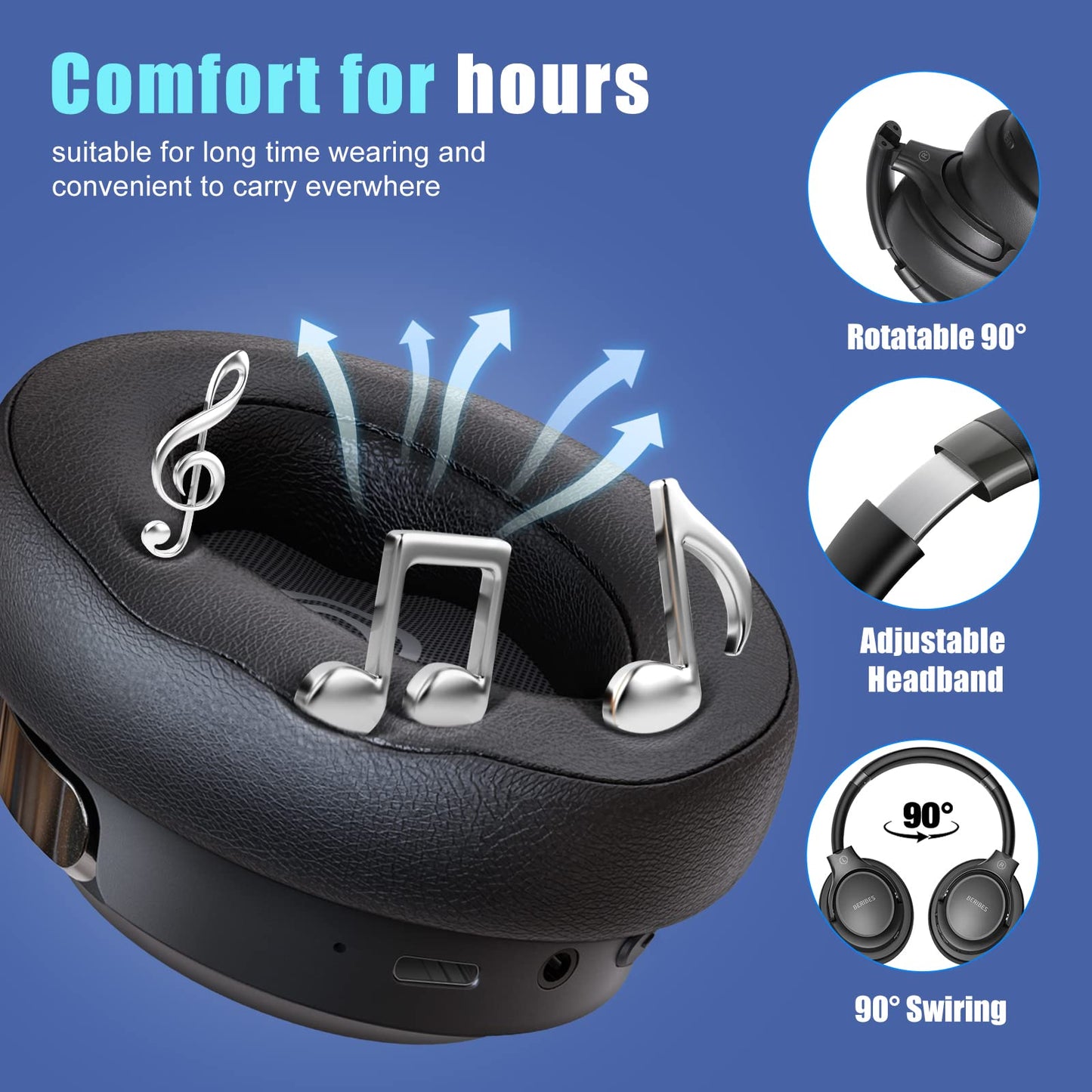 Auriculares Bluetooth BERIBES de diadema, 65H de reproducción y 6 modos de ecualización Auriculares inalámbricos con micrófono, auriculares plegables ligeros HiFi estéreo, graves profundos para oficina en casa, teléfono móvil, PC, etc.