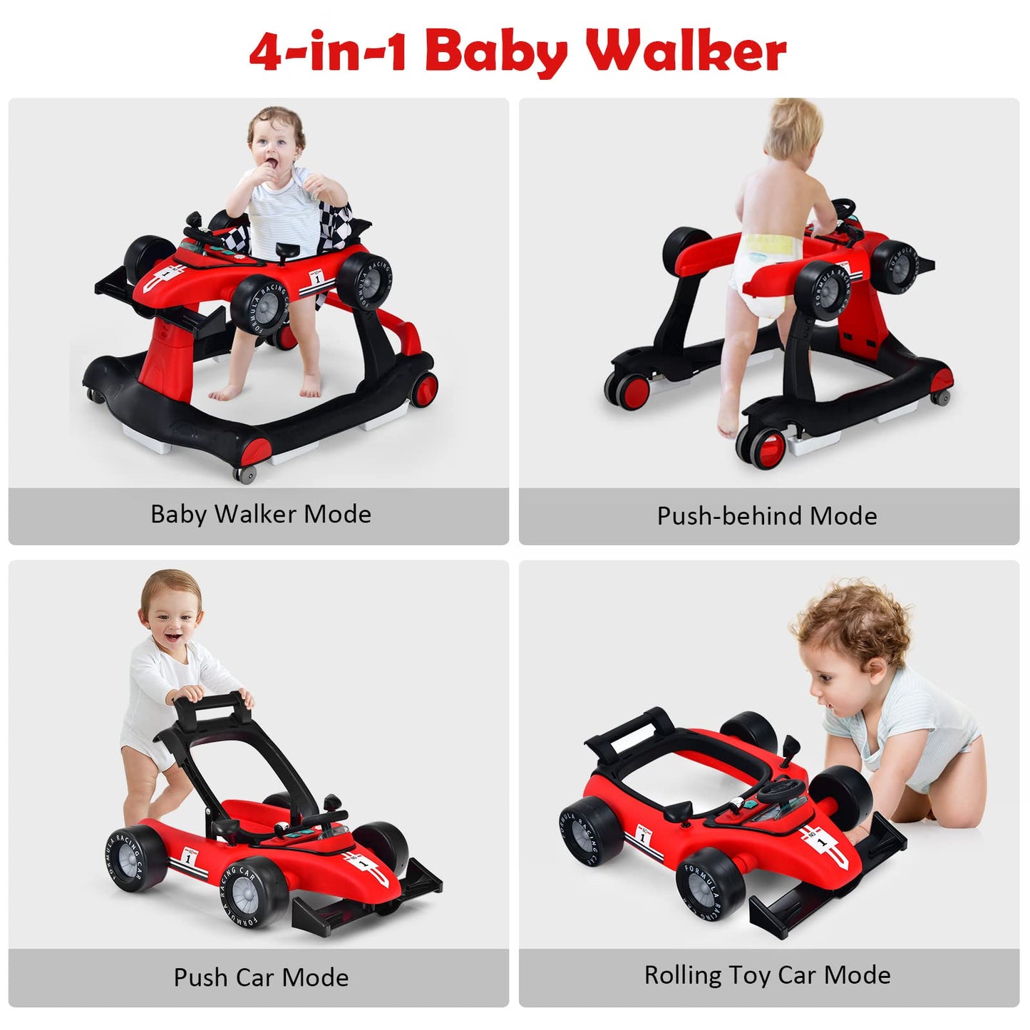 HONEY JOY 4-in-1 Baby Walker, Activity Push Walker w/3 Adjustable Heights, Smooth Wheels w/Adjustable Speed, Padded Seat, Music & Light, Foldable Car Walker for Baby Boys Girls Age 6 Months+ (Blue)