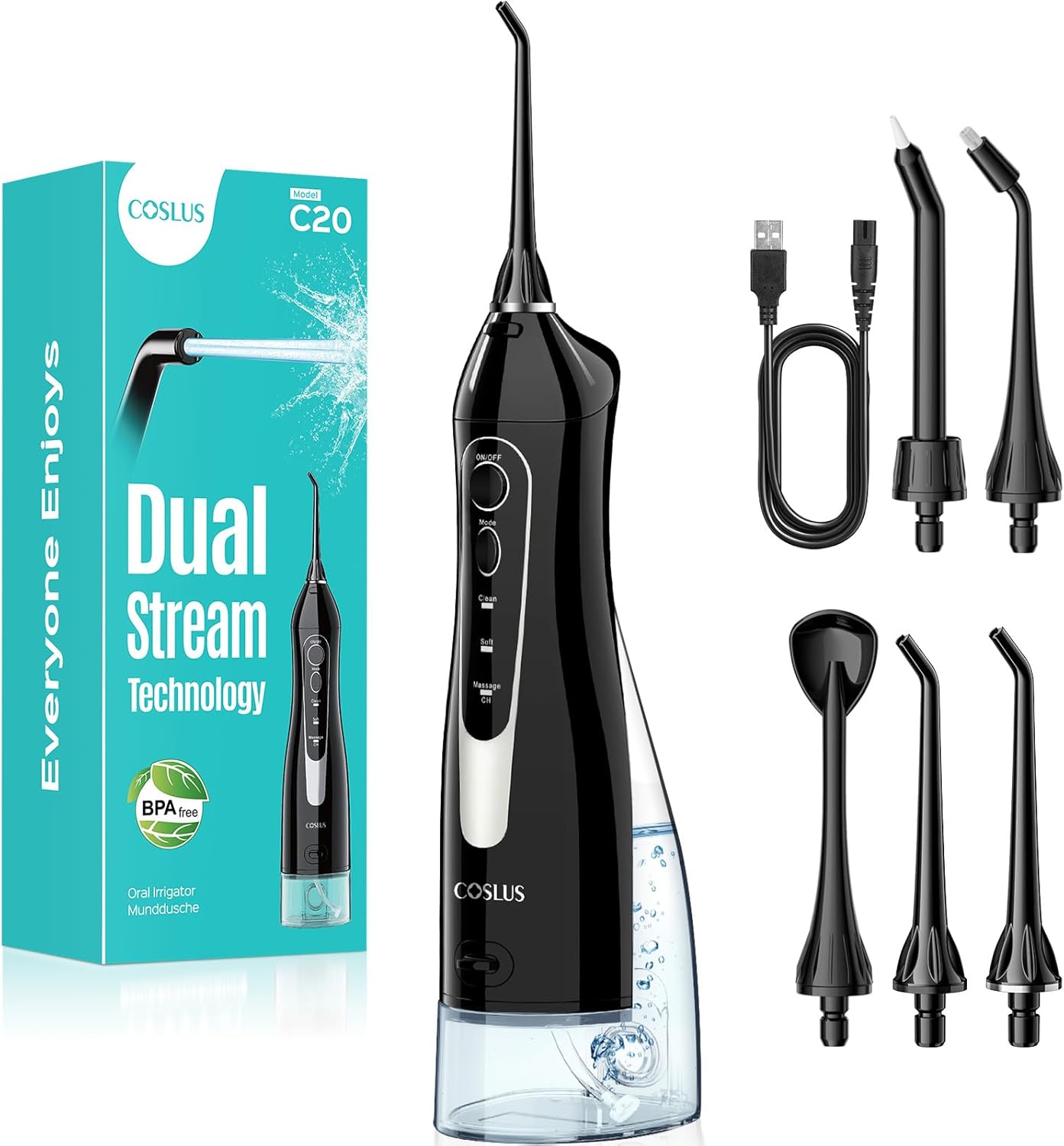 COSLUS Water Teeth Flosser C20 (F5020E): 300ML Cordless Electric Water Tooth Flossing Rechargeable IPX7 Waterproof Portable Travel Flossers Set for Teeth