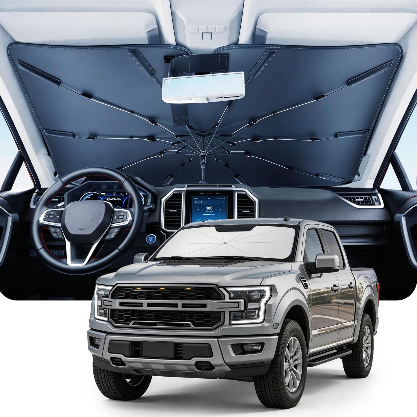 DMJN Umbrella Windshield Sun Shade for Jeep Grand Cherokee (2011-2026), Car Sunshade for Front Windshield [Nano Ice-Crystal Coatings] UPF50+ Heat & UV Block, Protect Interior & Keep Cooler