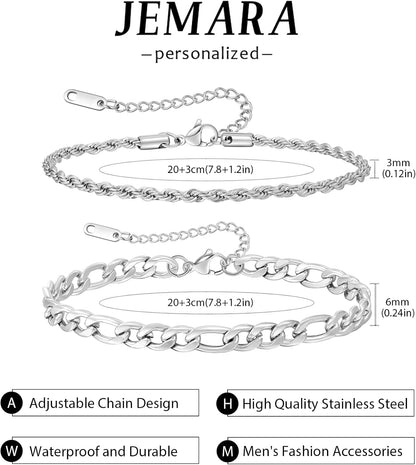 3 Stück Herren Silber Armbänder, robustes Curb Edelstahl Breite Schlangenkette Figaro Cuban Armband Set 7/7.8+1.2 Zoll verstellbares Stapel-Silberkettenarmband für Männer