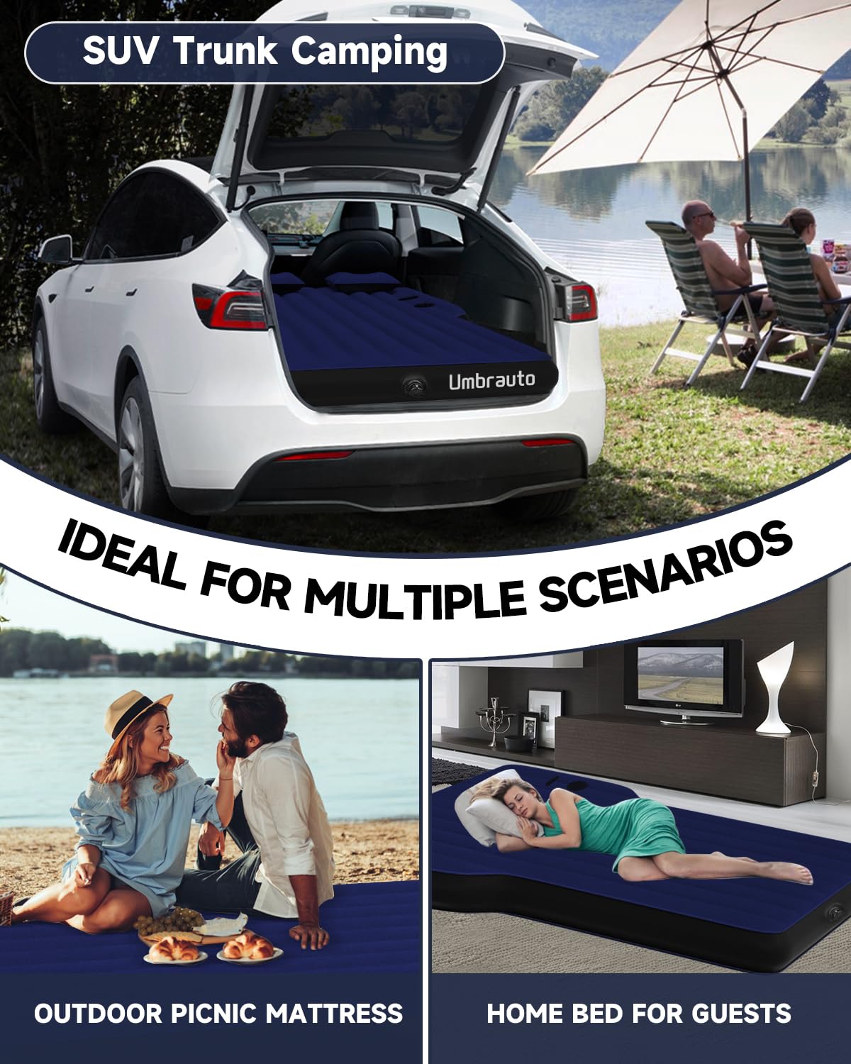 Umbrauto Car Air Mattress Backseat| Inflatable Truck Back Seat Camping Airbed for SUV Rear Seat, Blow Up Sleeping Travel Bed for Van Trunk with Pump & Pillows