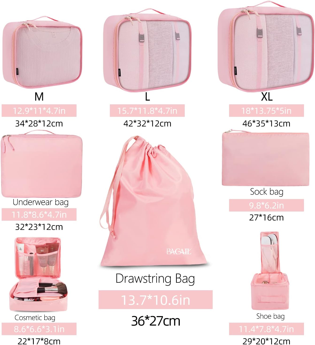 BAGAIL 8er Set Packwürfel Gepäckorganizer für Reisezubehör