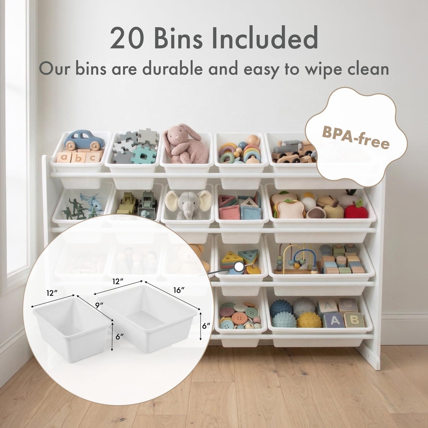 Humble Crew Toy Storage Organizer with 20 Removable Storage Bins for Kids Playroom, 4-Tier Toddler Toy Organization and Storage, Natural/White
