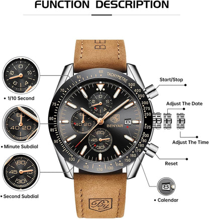 BY BENYAR Uhren für Herren Analog Quarz Chronograph 30M Wasserdicht Leuchtend Großes Zifferblatt Herren Armbanduhren Business Arbeit Sport Freizeit Mode Designer Uhr Elegantes Geschenk für Herren