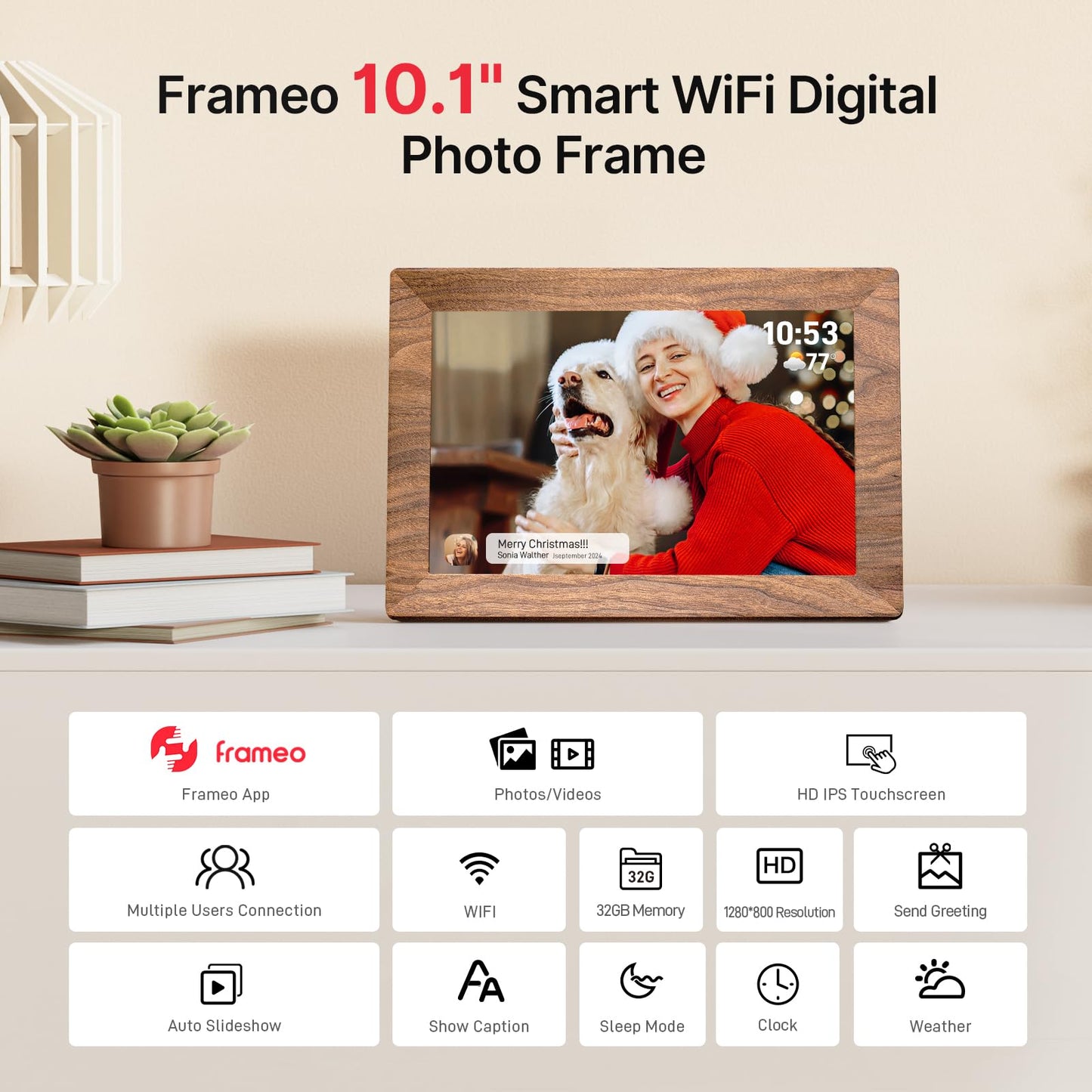 Frameo 10.1 Inch WiFi Digital Picture Frame, Smart Cloud Electronic Photo Frame with HD IPS Touch Screen Slideshow 32GB Memory Auto-Rotate Wall Mount, Share Photos/Videos from Phone - Gifts for Mom