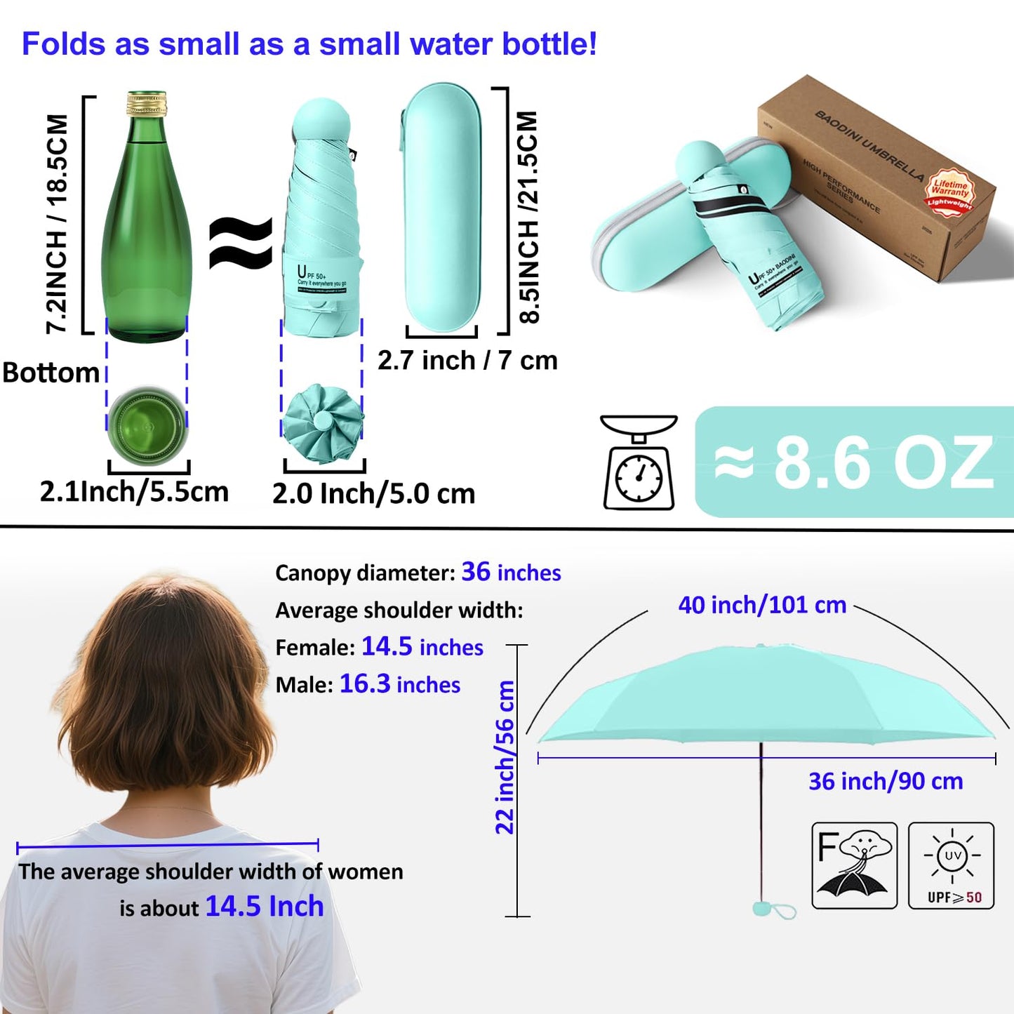 BAODINI Reiseutensilien Mini-Regenschirm für die Handtasche mit Etui Klein Kompakt UV-Sonnenschutz Leicht Winzig Tasche Manuelles Öffnen und Schließen Regenschirm für Damen, Kinder und Herren Passt in Handtasche Rucksack