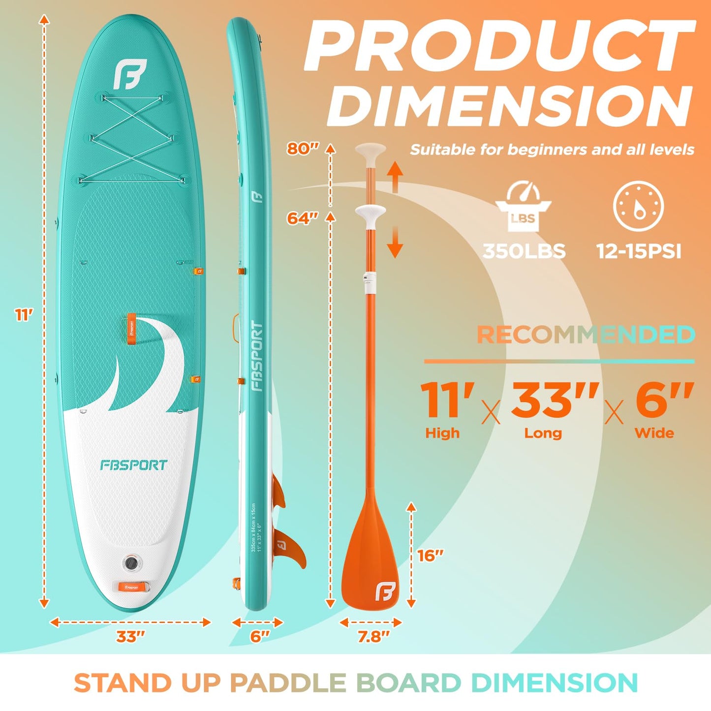 FBSPORT 11' Premium Stand Up Paddle Board, Yoga Board with SUP Accessories & Carry Bag | Wide Stance, Surf Control, Non-Slip Deck, Leash, Paddle and Pump for Youth & Adult
