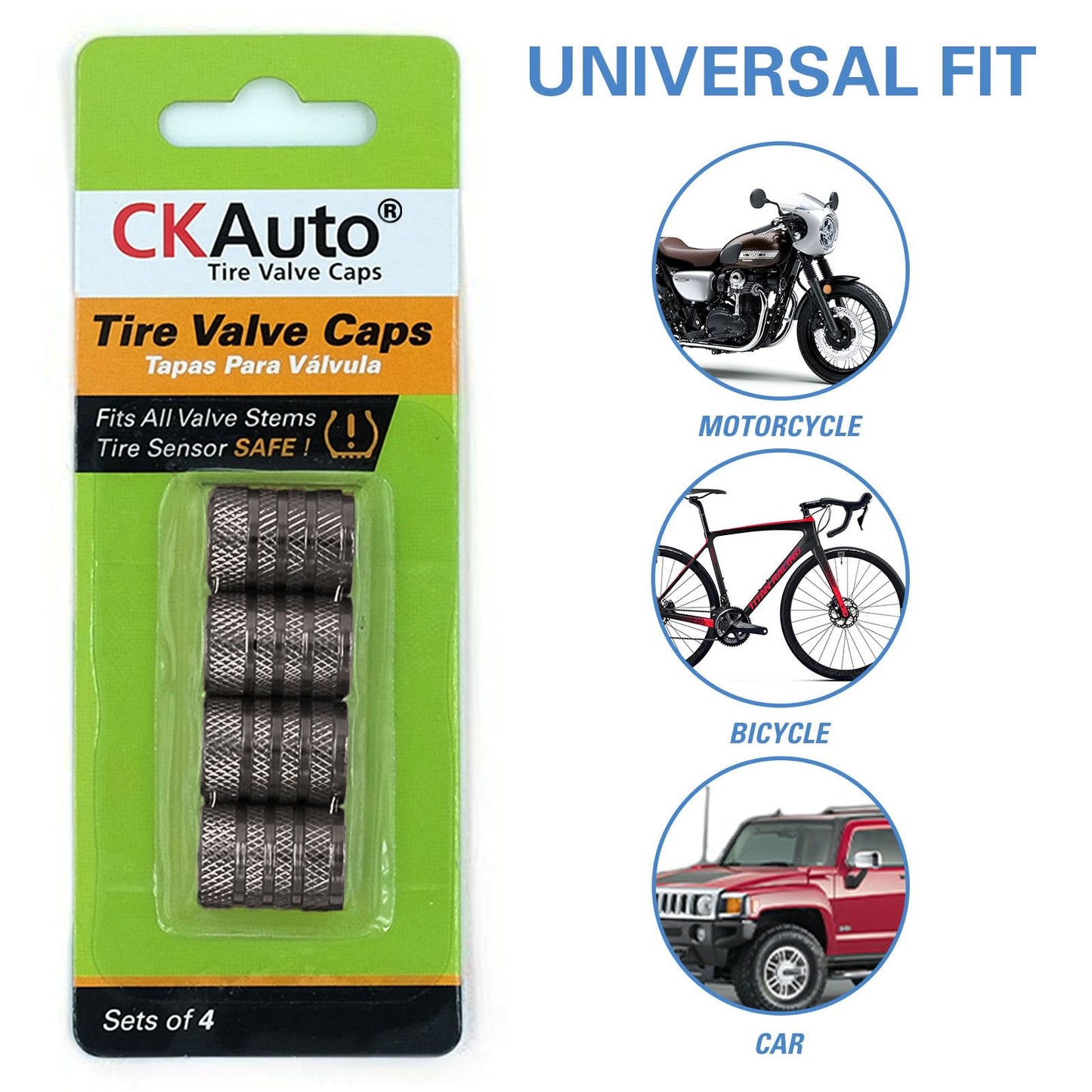 CKAuto Tire Valve Stem Caps, Black, 4 pcs/Pack, Anodized Aluminum Tire Valve Cap Set, Corrosion Resistant, Universal Stem Covers for Cars Trucks Motorcycles SUVs and Bikes