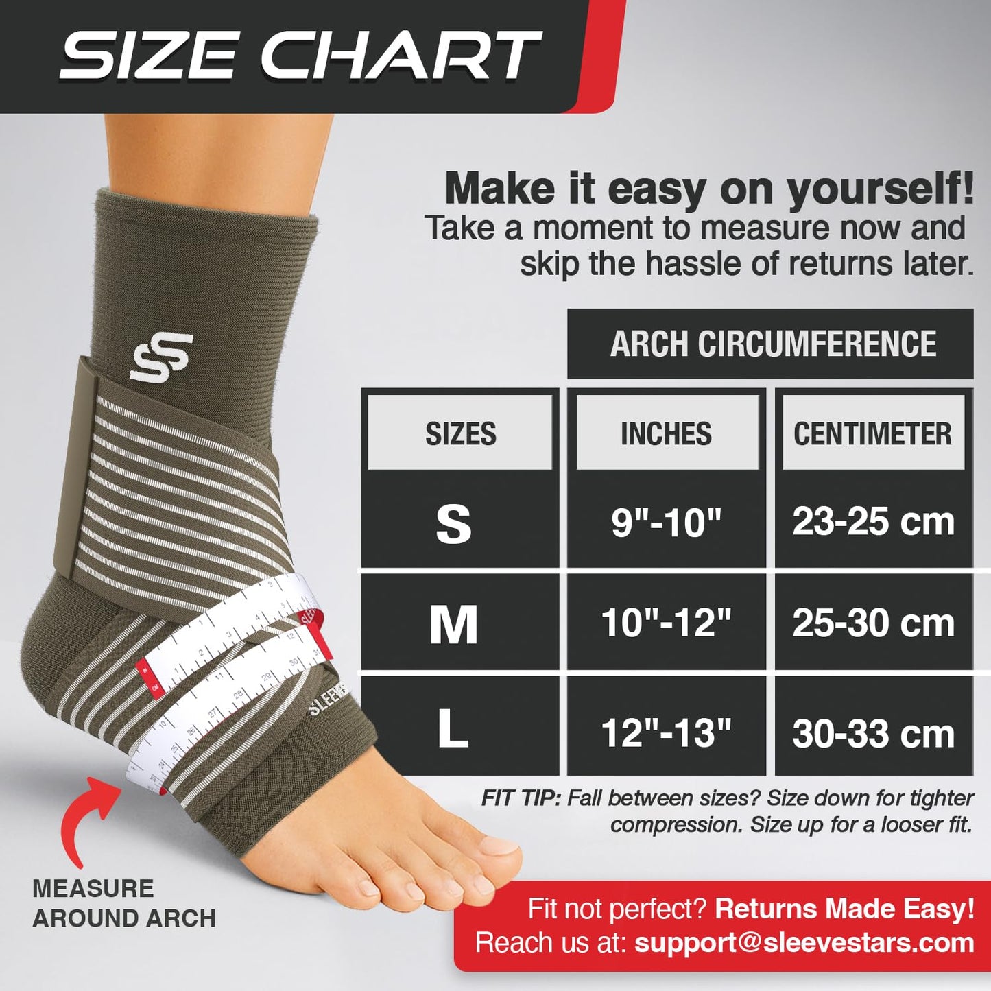 Sleeve Stars Knöchelbandage für Damen & Herren, Knöchelwickel für Verstauchungen, Kompressionsmanschette zur Linderung von Plantarfasziitis, Leicht anpassbare Unterstützung: mit abnehmbarem Gurt (Einzeln/M:25-30cm/Schwarz)