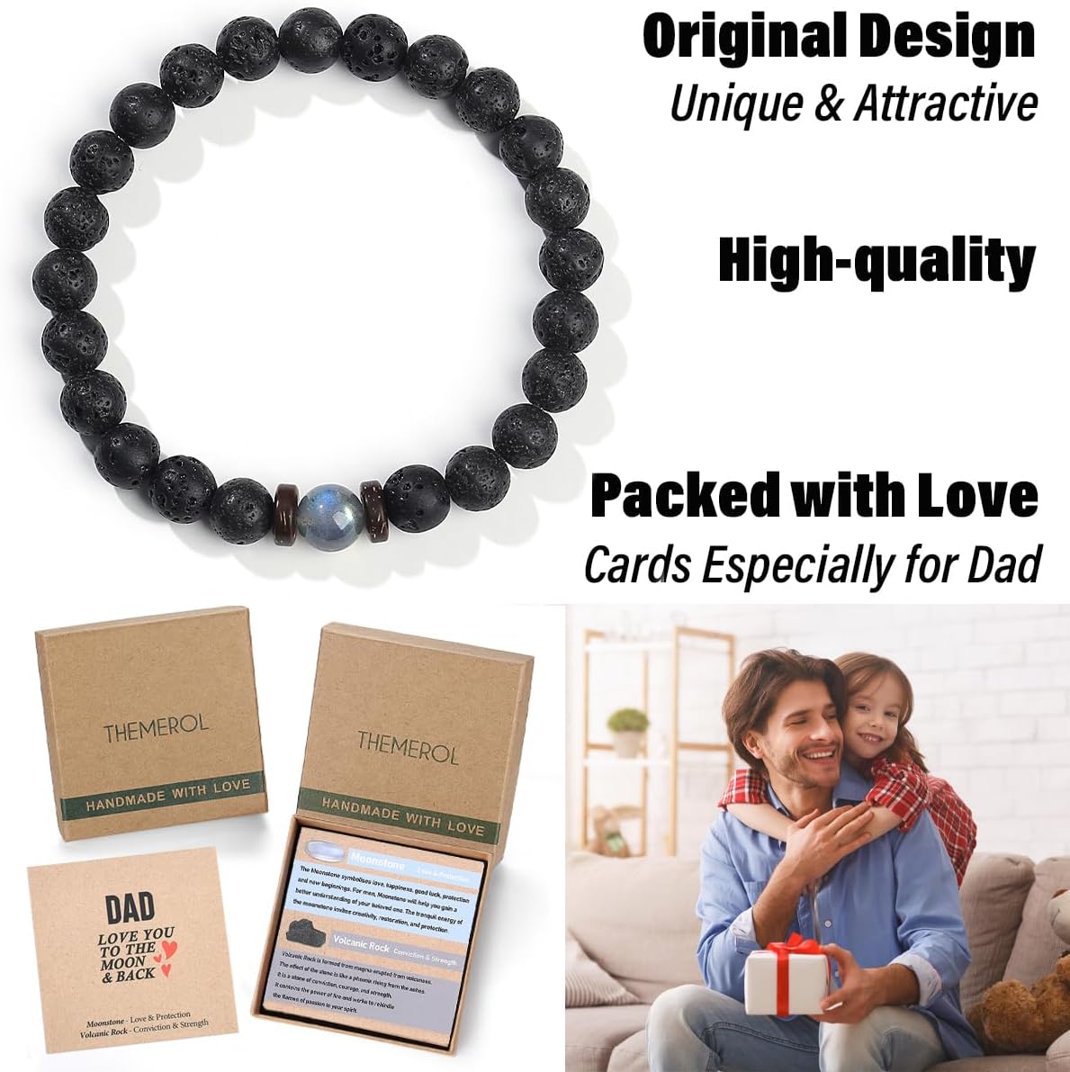 THEMEROL Handmade Gifts for Boys/Men-Love/Strength-Natural Gemstone Bracelet for Son Grandson Dad Boyfriend Husband Brother Nephew Uncle