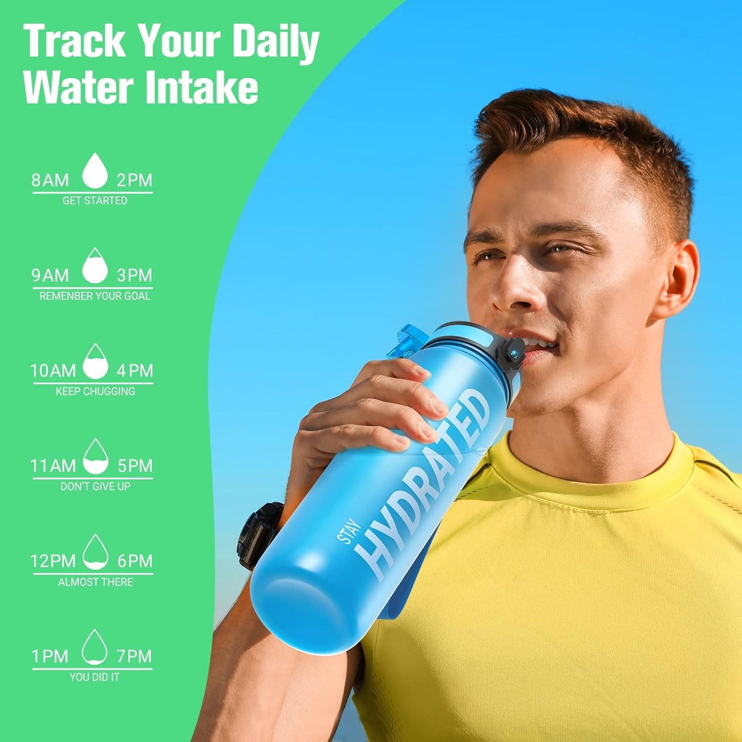 Sahara Sailor Trinkflasche, 950ml Motivations-Sportflasche mit Zeitmarkierung – Trinkzeiten – Tritan, BPA-frei, weite Öffnung auslaufsicher, Fast-Flow-Technologie mit Reinigungsbürste (1 Flasche)