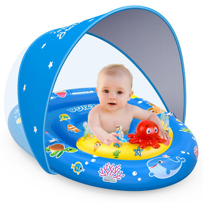EZIGO Baby Pool Float with Canopy UPF50+ Sun Protection, Inflatable Kids Pool Floats with Ocean Animal Toys for Baby 6-36 Months, Infant Swimming Float with Adjustable Safety Seat for Boys Girls