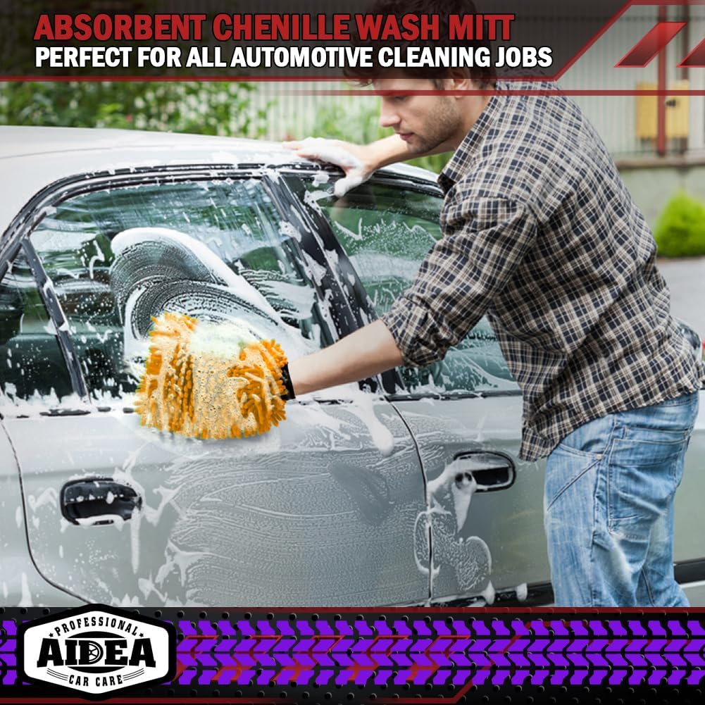 AIDEA Auto Waschhandschuh Mikrofaser, 2er Pack Kratzfrei Fusselfrei, Premium Chenille Mikrofaser Waschhandschuh Auto Waschbürste, Grün, Reguläre Größe 18,08 cm x 25,76 cm