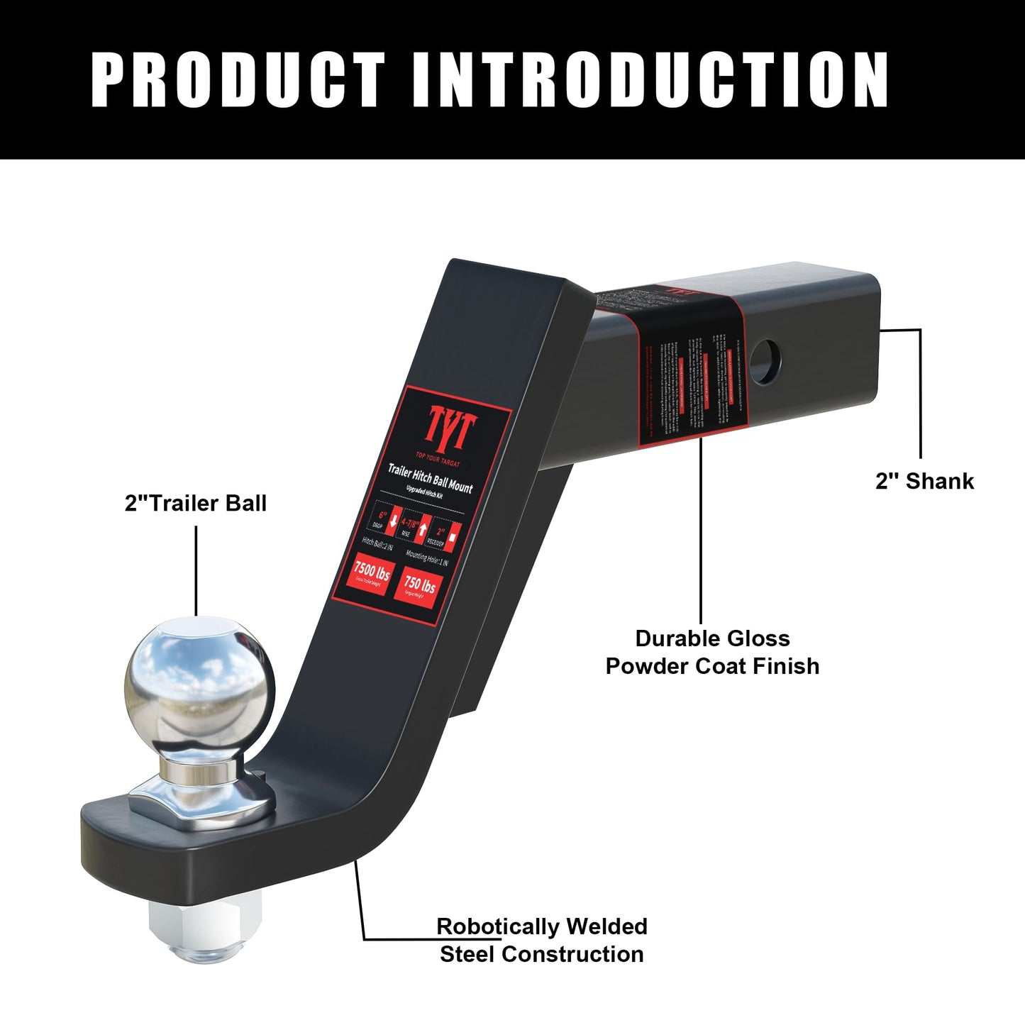 TYT Adjustable Truck Trailer Hitch for 2 inch Receiver, 6" Drop/Rise Tow Hitch with Dual Balls (2" & 2-5/16"), Compatible with Heavy-Duty Trailer Systems up to 20,000 lbs, Includes Hitch Tightener
