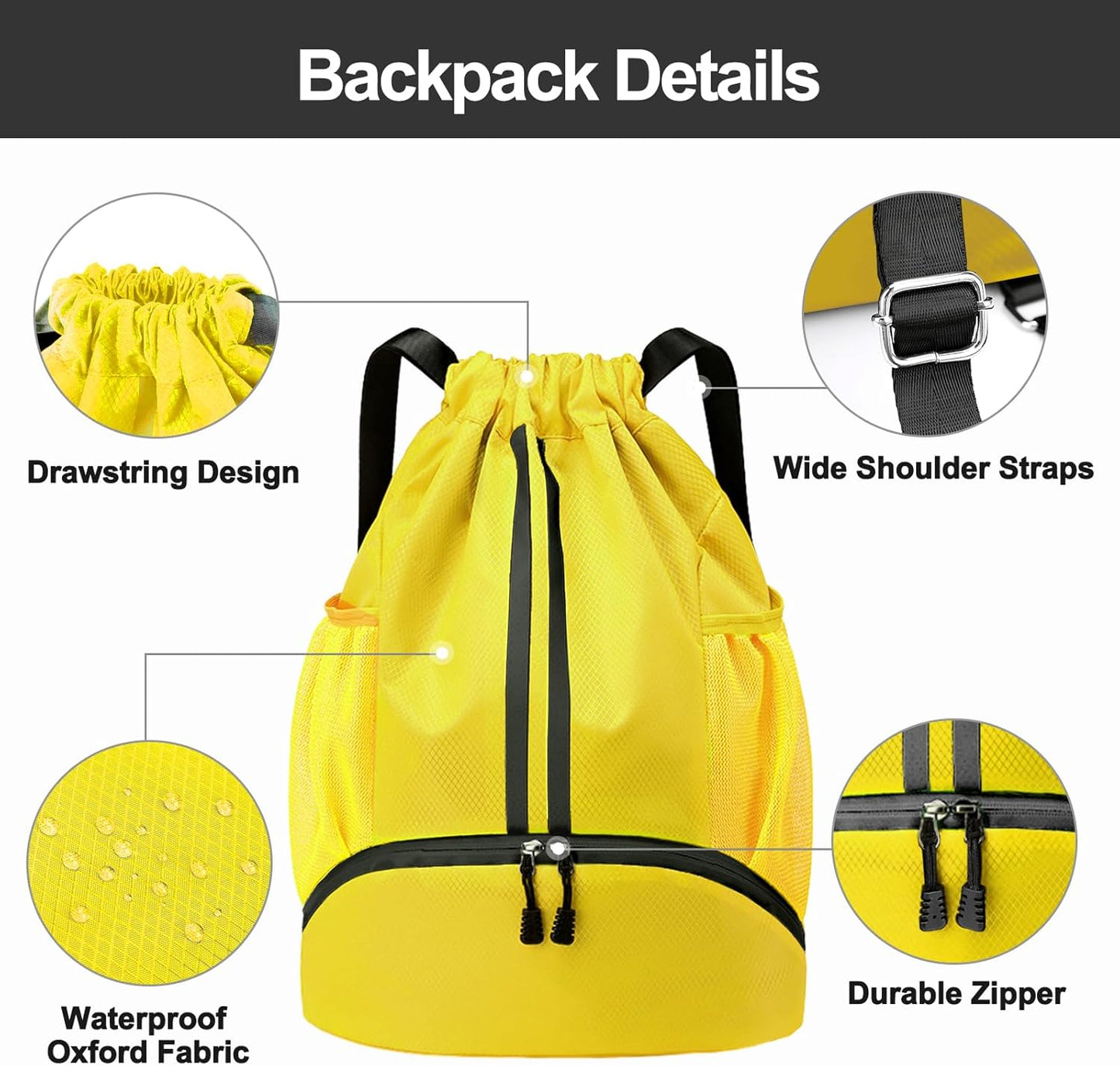 Hoedia Sports-Kordelzugrucksack – Schwimm-Turnbeutel mit Schuhfach und wasserdichter Tasche für Damen und Herren