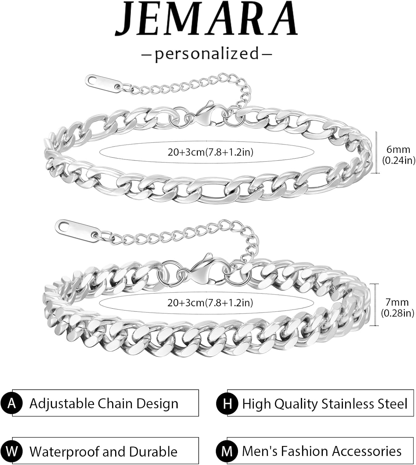 3 Stück Herren Silber Armbänder, robustes Curb Edelstahl Breite Schlangenkette Figaro Cuban Armband Set 7/7.8+1.2 Zoll verstellbares Stapel-Silberkettenarmband für Männer
