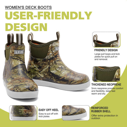 Women's Deck Boots, Waterproof Ankle Rain Boots with Anti-Slip Traction, Rubber Garden & Fishing Boots for Boating, Camping, Farming & Outdoor Work