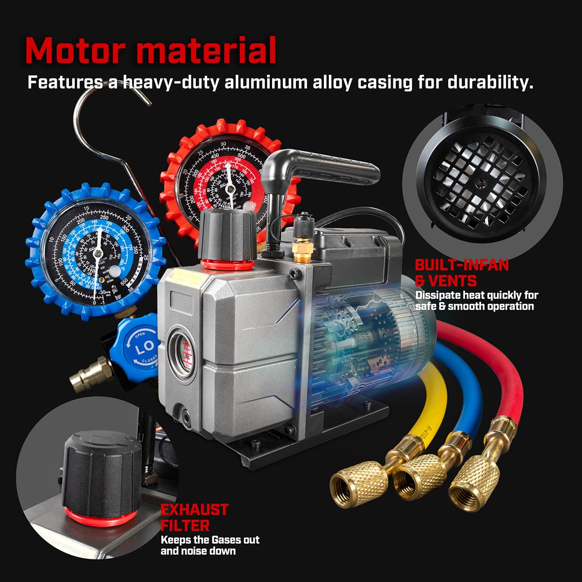 XtremepowerUS 3CFM 1/4HP Vacuum Pump HVAC R134a, R12, R22, R410a, A/C Refrigeration R134 Can Tap Adapter, R134 Quick Connector AC Manifold Gauge Air Conditioner Oil Bottle w/Bag