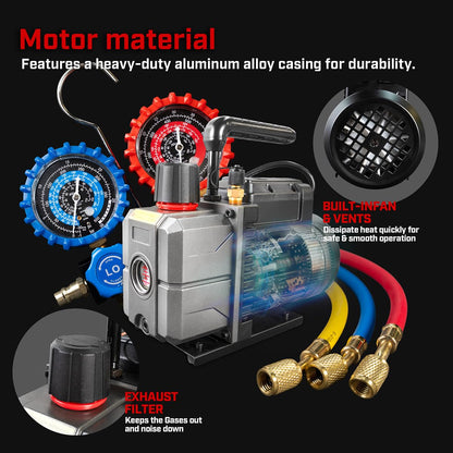XtremepowerUS 3CFM 1/4HP Vacuum Pump HVAC R134a, R12, R22, R410a, A/C Refrigeration R134 Can Tap Adapter, R134 Quick Connector AC Manifold Gauge Air Conditioner Oil Bottle w/Bag
