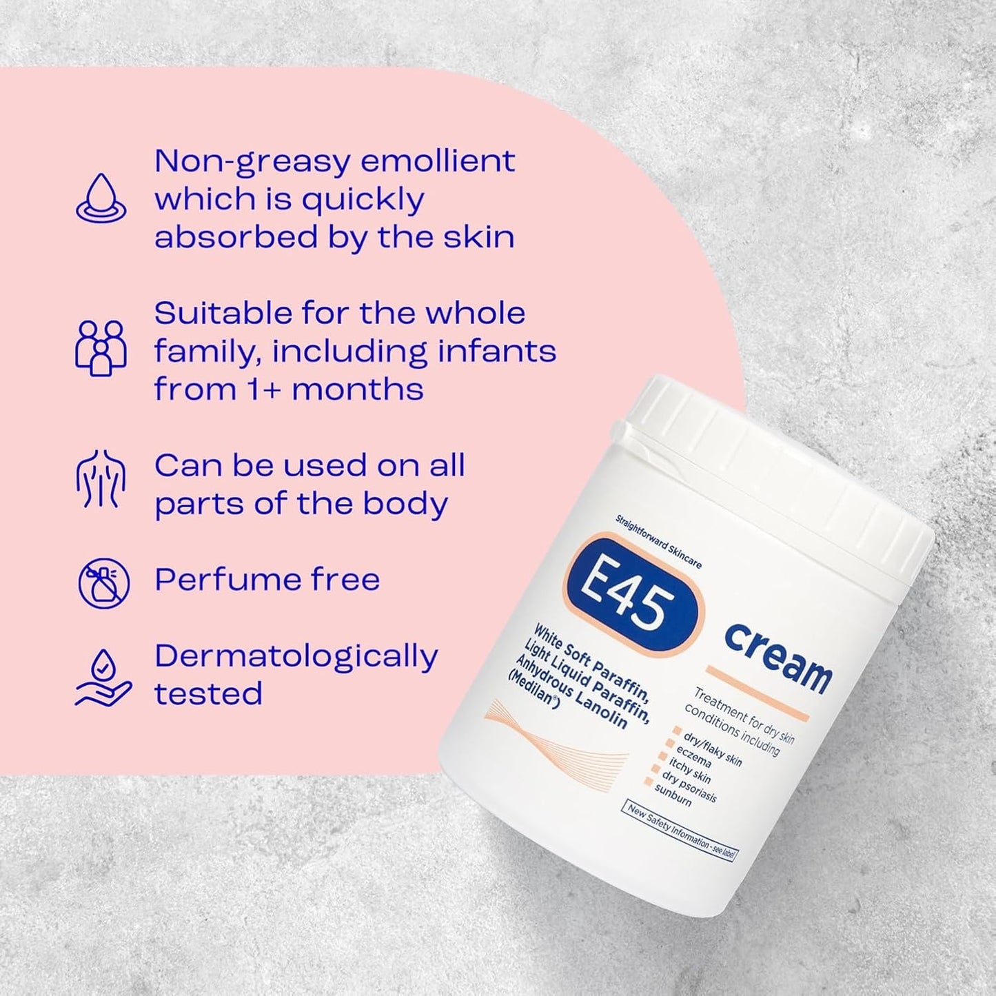E45 - Dermatological Cream For Dry Skin Conditions ; Non Greasy Emollient ; Hypoallergenic ; 350g