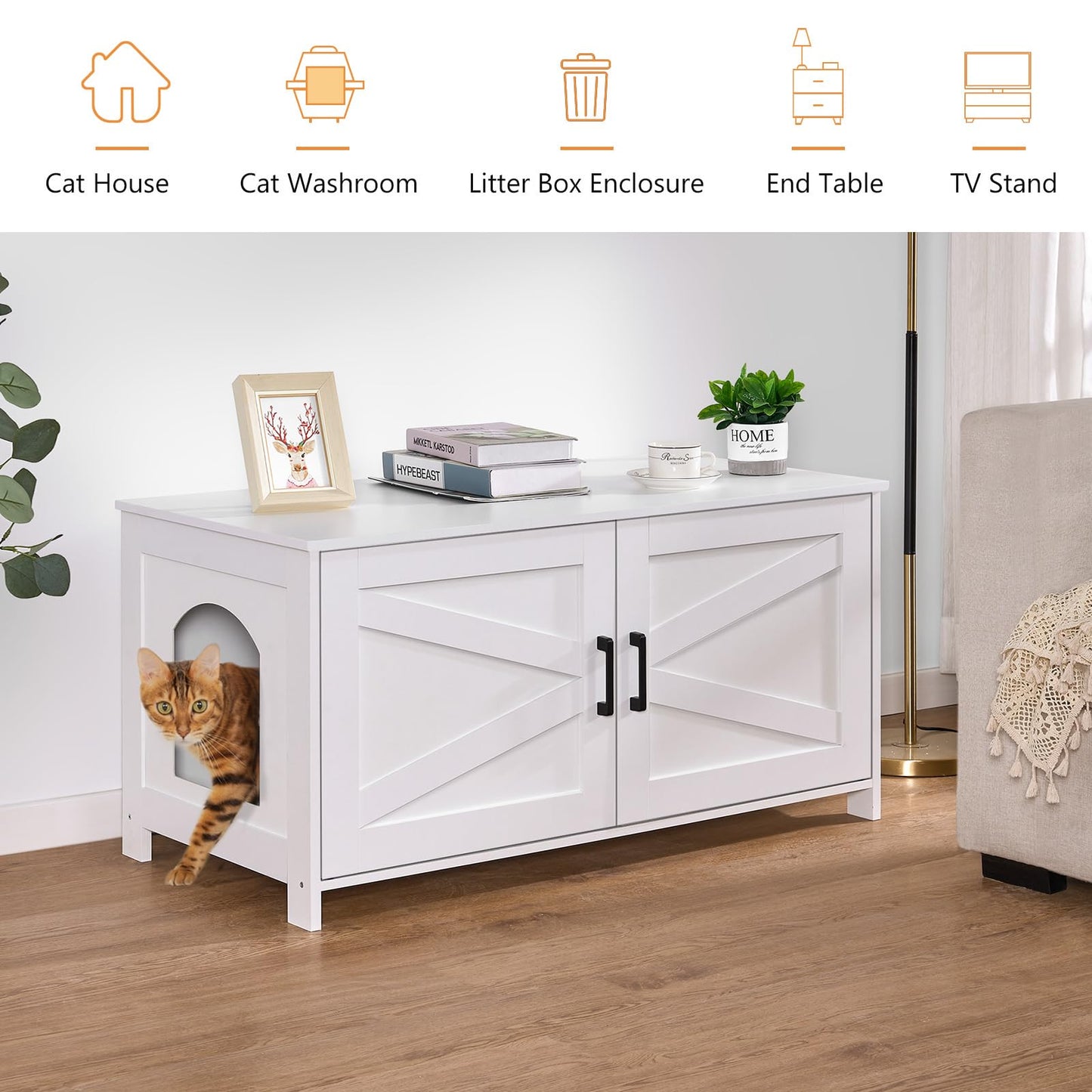 Homhedy Cat Litter Box Enclosure, Wooden Cat Washroom Furniture with Barn Door, Pet House, Fit Most of Litter Box, White