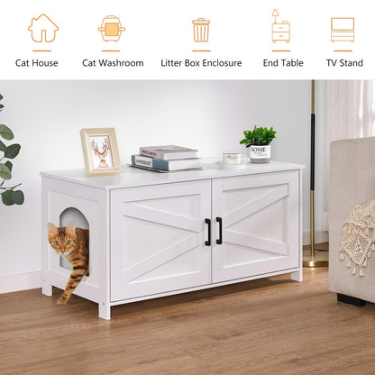 Homhedy Cat Litter Box Enclosure, Wooden Cat Washroom Furniture with Barn Door, Pet House, Fit Most of Litter Box, White