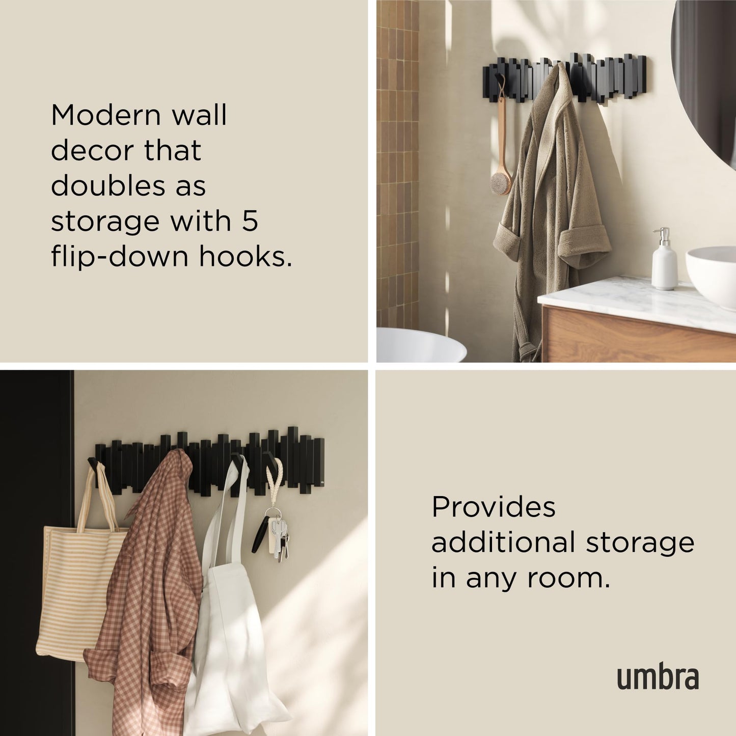 Umbra Sticks Wall-Mounted Coat Rack Rail Hook with 5 Retractable Pegs – Modern, Space-Saving Storage Organizer, Black