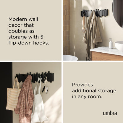 Umbra Sticks Wall-Mounted Coat Rack Rail Hook with 5 Retractable Pegs – Modern, Space-Saving Storage Organizer, Black