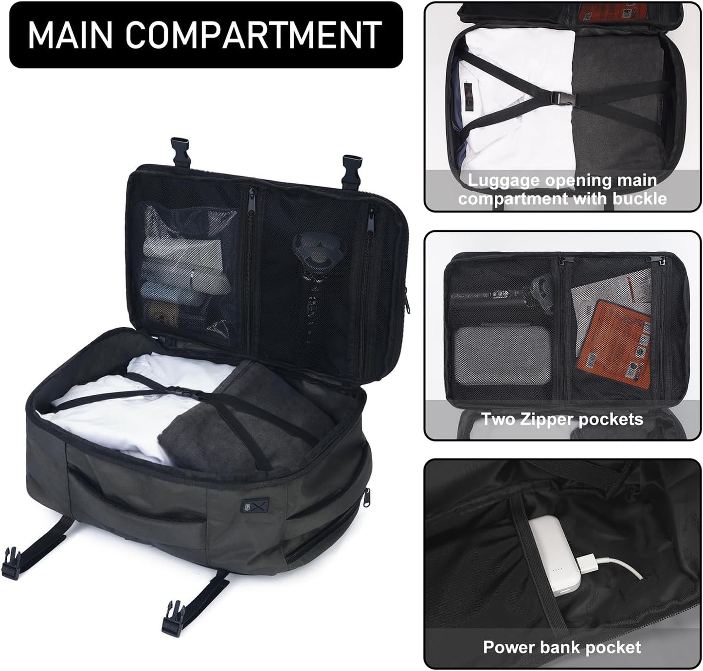 ECOHUB 16'' Reise-Rucksack Handgepäck Unterseat-Rucksack Persönlicher Gegenstand Flugzeug-Reisetasche mit 13 Taschen Handgepäck Flaschenhalter USB-Ladeanschluss Casual Daypack für Frauen Männer Schwarz