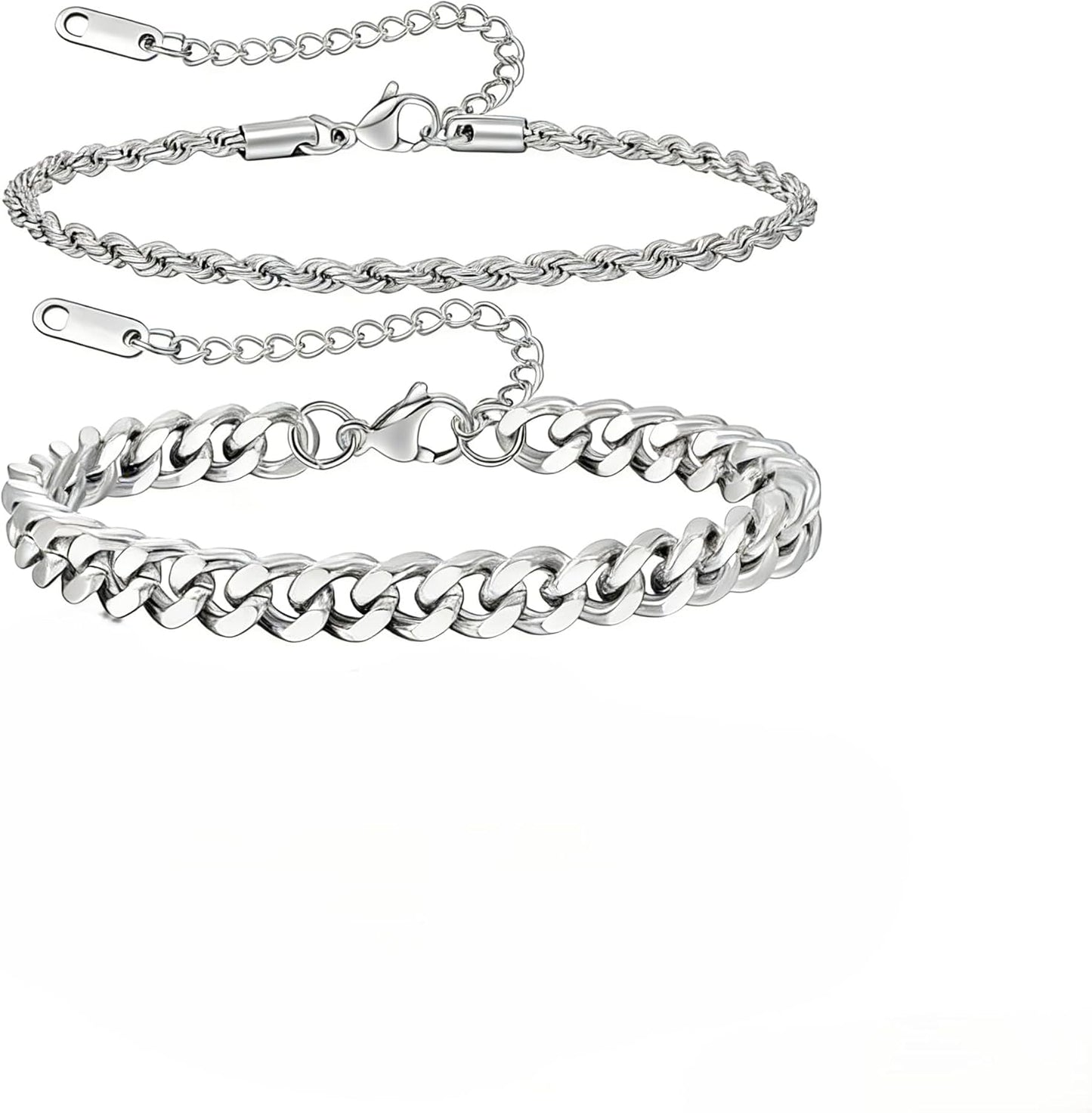 3 Stück Herren Silber Armbänder, robustes Curb Edelstahl Breite Schlangenkette Figaro Cuban Armband Set 7/7.8+1.2 Zoll verstellbares Stapel-Silberkettenarmband für Männer